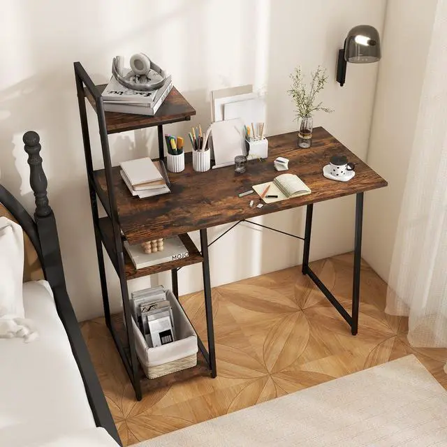 Alt view image 4 of 6 - Computer Desk with Shelves, Space Saving Home Office Desk with 3-Tier Ladder Shaped Storage Bookshelf, Modern Writing Study Desk with Metal Frame, Compact Computer Workstation (Rustic Brown)