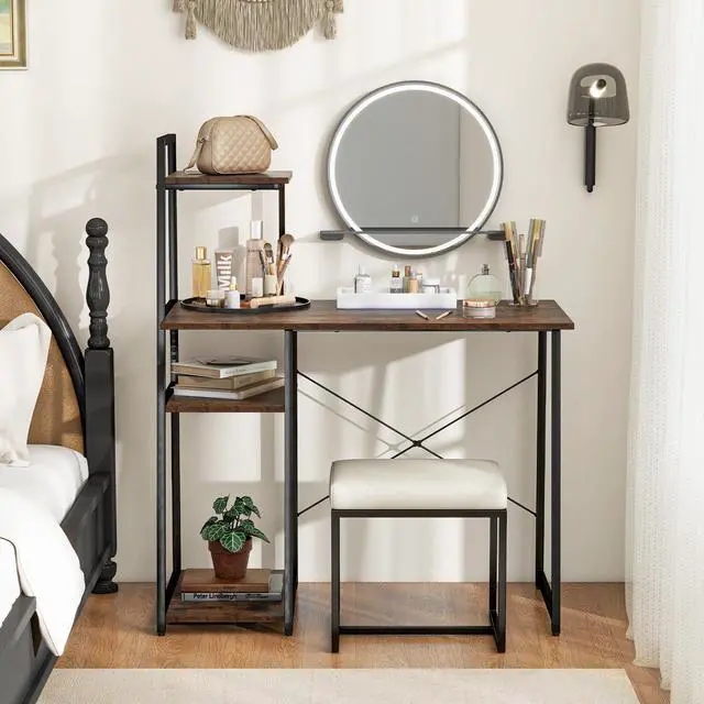 Alt view image 5 of 6 - Computer Desk with Shelves, Space Saving Home Office Desk with 3-Tier Ladder Shaped Storage Bookshelf, Modern Writing Study Desk with Metal Frame, Compact Computer Workstation (Rustic Brown)