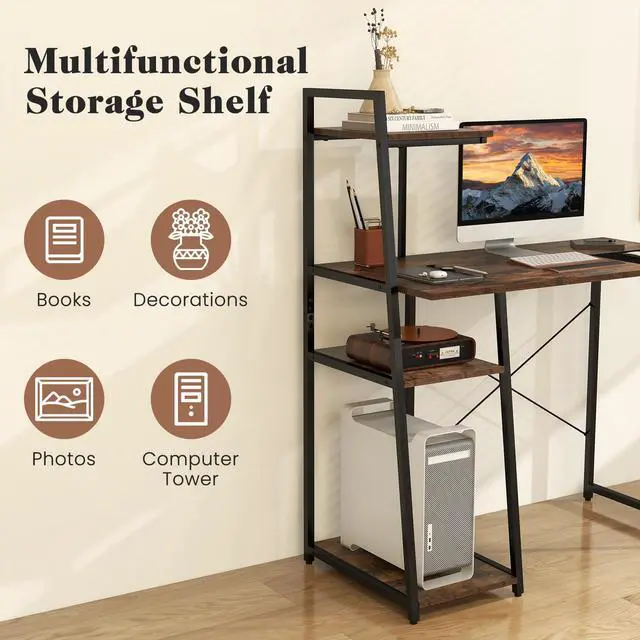 Alt view image 6 of 6 - Computer Desk with Shelves, Space Saving Home Office Desk with 3-Tier Ladder Shaped Storage Bookshelf, Modern Writing Study Desk with Metal Frame, Compact Computer Workstation (Rustic Brown)