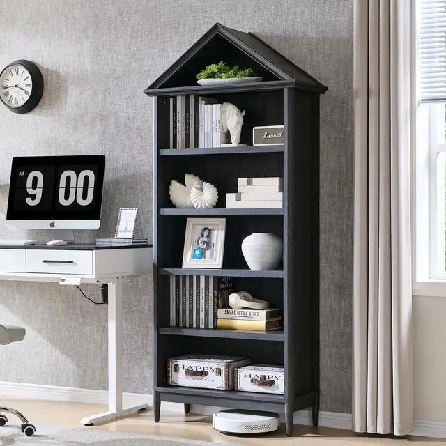 Main image of 75.9" Tall Angled Arch Bookshelf, 5 Tiers Geometric Large Farmhouse Bookcase, Modern Triangular Top with Adjustable Shelves, Wood Cabinet w/Open Display Shelve for Living Room, Office Dark Grey