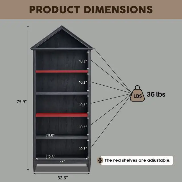 Alt view image 2 of 6 - 75.9" Tall Angled Arch Bookshelf, 5 Tiers Geometric Large Farmhouse Bookcase, Modern Triangular Top with Adjustable Shelves, Wood Cabinet w/Open Display Shelve for Living Room, Office Dark Grey