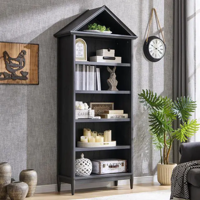Alt view image 3 of 6 - 75.9" Tall Angled Arch Bookshelf, 5 Tiers Geometric Large Farmhouse Bookcase, Modern Triangular Top with Adjustable Shelves, Wood Cabinet w/Open Display Shelve for Living Room, Office Dark Grey