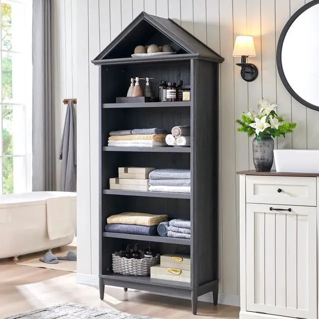 Alt view image 4 of 6 - 75.9" Tall Angled Arch Bookshelf, 5 Tiers Geometric Large Farmhouse Bookcase, Modern Triangular Top with Adjustable Shelves, Wood Cabinet w/Open Display Shelve for Living Room, Office Dark Grey