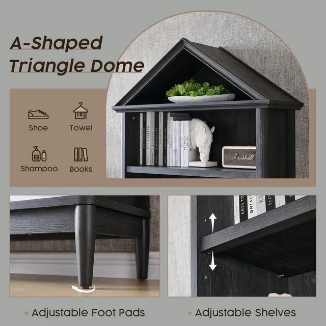 Alt view image 5 of 6 - 75.9" Tall Angled Arch Bookshelf, 5 Tiers Geometric Large Farmhouse Bookcase, Modern Triangular Top with Adjustable Shelves, Wood Cabinet w/Open Display Shelve for Living Room, Office Dark Grey