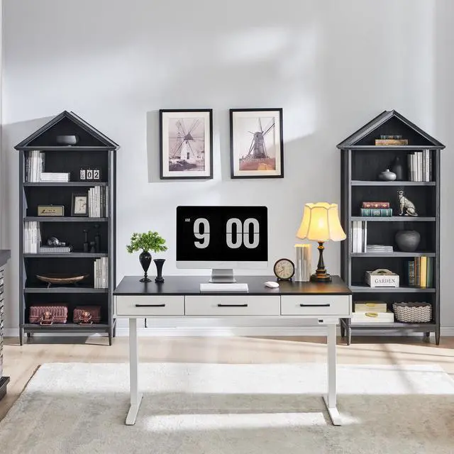 Alt view image 6 of 6 - 75.9" Tall Angled Arch Bookshelf, 5 Tiers Geometric Large Farmhouse Bookcase, Modern Triangular Top with Adjustable Shelves, Wood Cabinet w/Open Display Shelve for Living Room, Office Dark Grey
