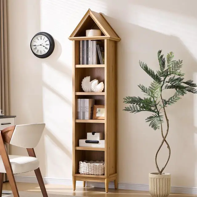 Main image of 75.9" Tall Angled Arch Bookshelf, 5 Tiers Geometric Narrow Bookcase with Storage, Modern Triangular Top with Adjustable Shelves, Wood Cabinet w/Open Display Shelves for Living Room, Office Natural