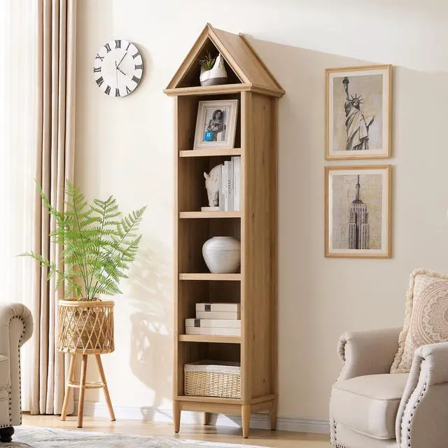 Alt view image 2 of 6 - 75.9" Tall Angled Arch Bookshelf, 5 Tiers Geometric Narrow Bookcase with Storage, Modern Triangular Top with Adjustable Shelves, Wood Cabinet w/Open Display Shelves for Living Room, Office Natural