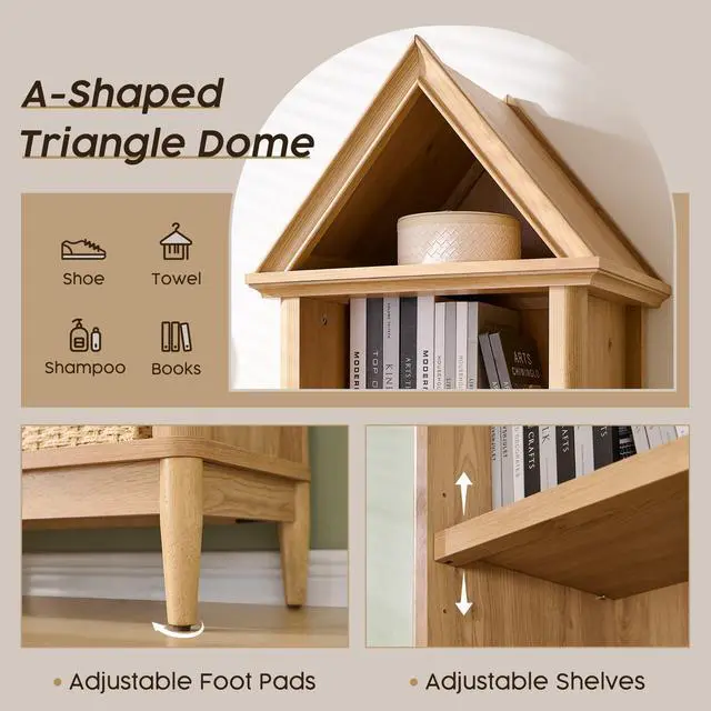 Alt view image 3 of 6 - 75.9" Tall Angled Arch Bookshelf, 5 Tiers Geometric Narrow Bookcase with Storage, Modern Triangular Top with Adjustable Shelves, Wood Cabinet w/Open Display Shelves for Living Room, Office Natural