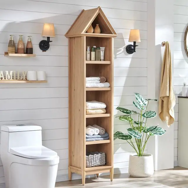 Alt view image 5 of 6 - 75.9" Tall Angled Arch Bookshelf, 5 Tiers Geometric Narrow Bookcase with Storage, Modern Triangular Top with Adjustable Shelves, Wood Cabinet w/Open Display Shelves for Living Room, Office Natural