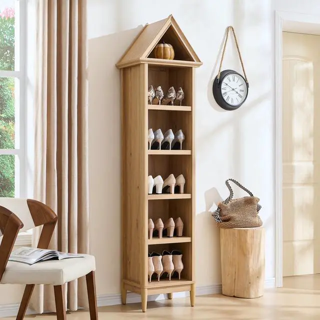 Alt view image 6 of 6 - 75.9" Tall Angled Arch Bookshelf, 5 Tiers Geometric Narrow Bookcase with Storage, Modern Triangular Top with Adjustable Shelves, Wood Cabinet w/Open Display Shelves for Living Room, Office Natural