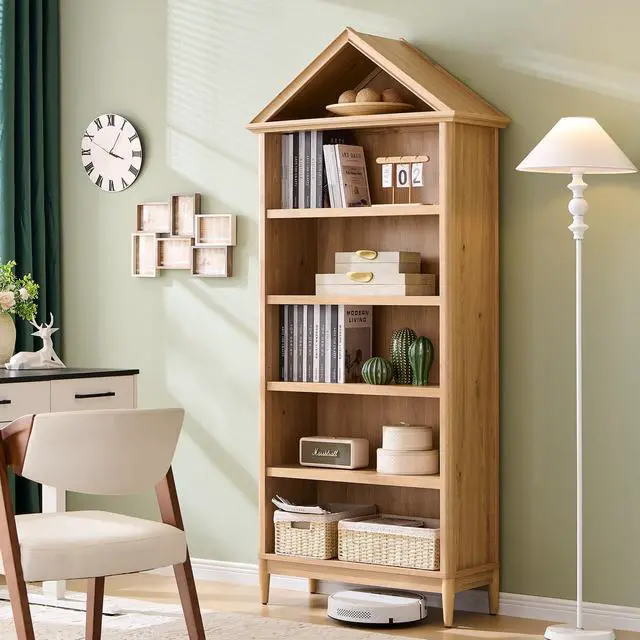 Main image of 75.9" Tall Angled Arch Bookshelf, 5 Tiers Geometric Large Bookcase with Storage, Modern Triangular Top with Adjustable Shelves, Wood Cabinet w/Open Display Shelves for Living Room, Office Natural