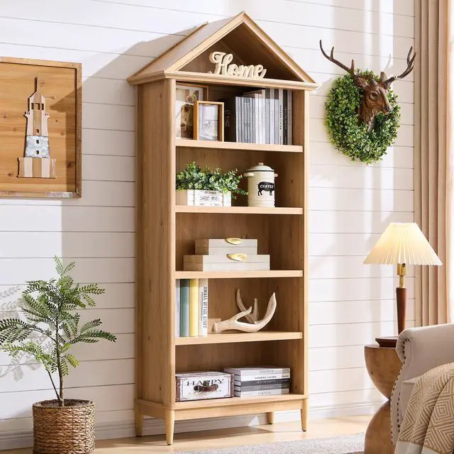 Alt view image 3 of 6 - 75.9" Tall Angled Arch Bookshelf, 5 Tiers Geometric Large Bookcase with Storage, Modern Triangular Top with Adjustable Shelves, Wood Cabinet w/Open Display Shelves for Living Room, Office Natural