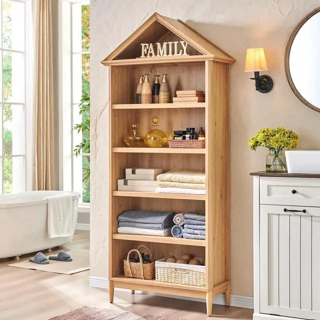 Alt view image 4 of 6 - 75.9" Tall Angled Arch Bookshelf, 5 Tiers Geometric Large Bookcase with Storage, Modern Triangular Top with Adjustable Shelves, Wood Cabinet w/Open Display Shelves for Living Room, Office Natural