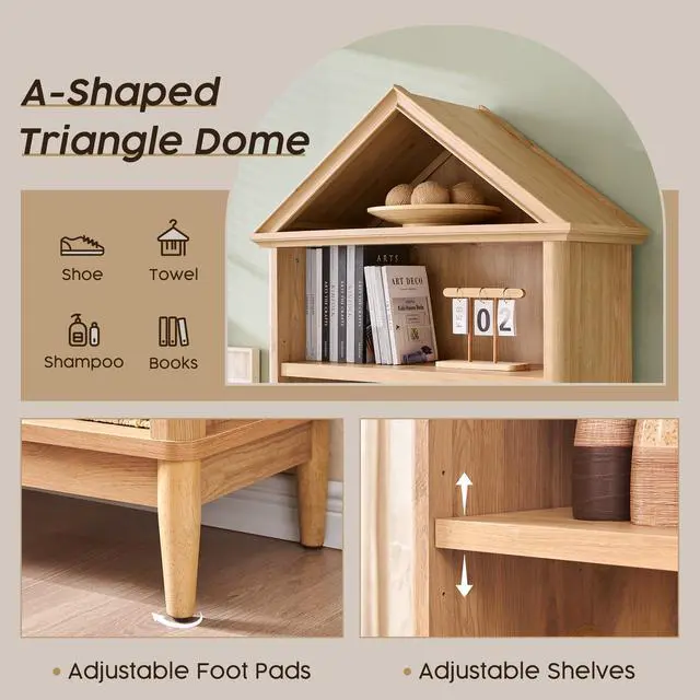 Alt view image 5 of 6 - 75.9" Tall Angled Arch Bookshelf, 5 Tiers Geometric Large Bookcase with Storage, Modern Triangular Top with Adjustable Shelves, Wood Cabinet w/Open Display Shelves for Living Room, Office Natural