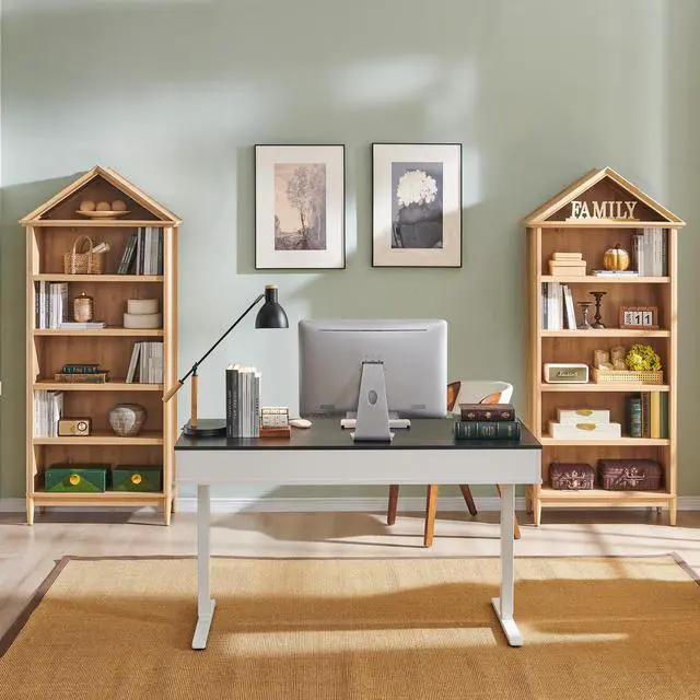 Alt view image 6 of 6 - 75.9" Tall Angled Arch Bookshelf, 5 Tiers Geometric Large Bookcase with Storage, Modern Triangular Top with Adjustable Shelves, Wood Cabinet w/Open Display Shelves for Living Room, Office Natural