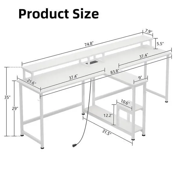 Alt view image 2 of 6 - Two Person Desk with LED Lights & Power Outlet, 83.7" Extra Long Computer Desk with Monitor Stand & Storage Shelves, Double Study Work Writing Desk Workstation for Home Office, White