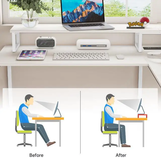 Alt view image 4 of 6 - Two Person Desk with LED Lights & Power Outlet, 83.7" Extra Long Computer Desk with Monitor Stand & Storage Shelves, Double Study Work Writing Desk Workstation for Home Office, White