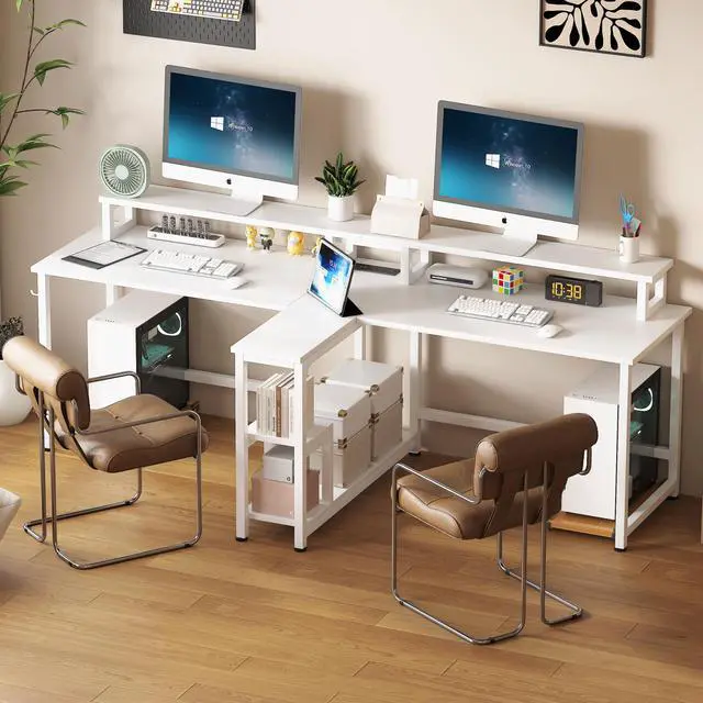 Alt view image 5 of 6 - Two Person Desk with LED Lights & Power Outlet, 83.7" Extra Long Computer Desk with Monitor Stand & Storage Shelves, Double Study Work Writing Desk Workstation for Home Office, White