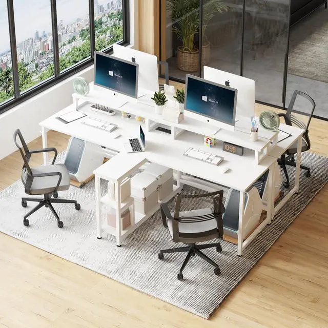 Alt view image 6 of 6 - Two Person Desk with LED Lights & Power Outlet, 83.7" Extra Long Computer Desk with Monitor Stand & Storage Shelves, Double Study Work Writing Desk Workstation for Home Office, White