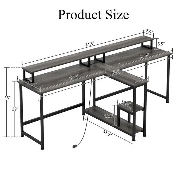 Alt view image 2 of 6 - Two Person Desk with Monitor Stand, 83.7 Inch Extra Long Computer Desk with Storage Shelves, Double Long Study Writing Workstation for Home Office, Grey Oak