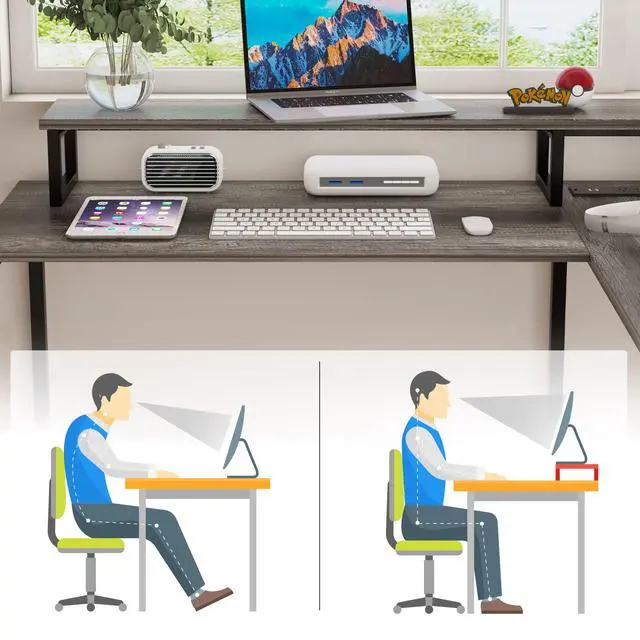 Alt view image 4 of 6 - Two Person Desk with Monitor Stand, 83.7 Inch Extra Long Computer Desk with Storage Shelves, Double Long Study Writing Workstation for Home Office, Grey Oak