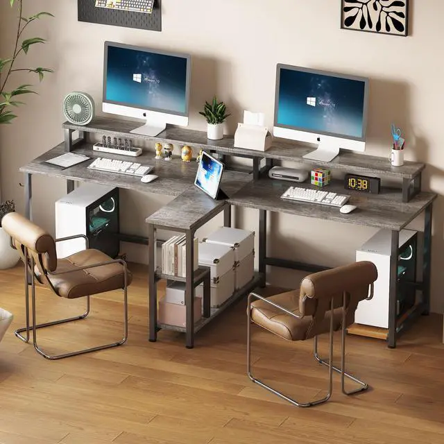 Alt view image 5 of 6 - Two Person Desk with Monitor Stand, 83.7 Inch Extra Long Computer Desk with Storage Shelves, Double Long Study Writing Workstation for Home Office, Grey Oak