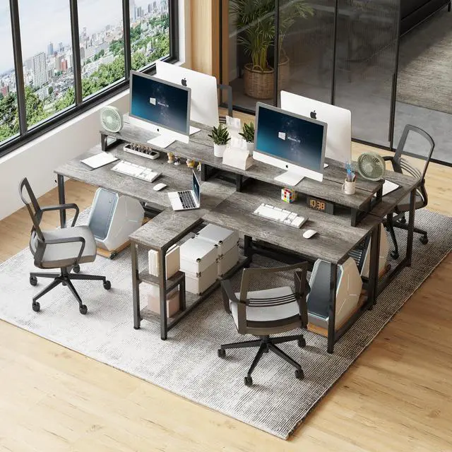 Alt view image 6 of 6 - Two Person Desk with Monitor Stand, 83.7 Inch Extra Long Computer Desk with Storage Shelves, Double Long Study Writing Workstation for Home Office, Grey Oak