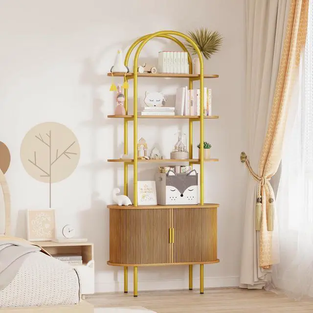 Main image of 71" Tall Arched Bookshelf with Sliding Tambour Doors, Mid Century Modern Curved Metal Frame Bookcase, 4-Tier Storage Display Shelf for Living Room/Bedroom/Home Office (Natural)