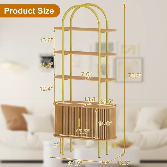 Alt view image 2 of 6 - 71" Tall Arched Bookshelf with Sliding Tambour Doors, Mid Century Modern Curved Metal Frame Bookcase, 4-Tier Storage Display Shelf for Living Room/Bedroom/Home Office (Natural)