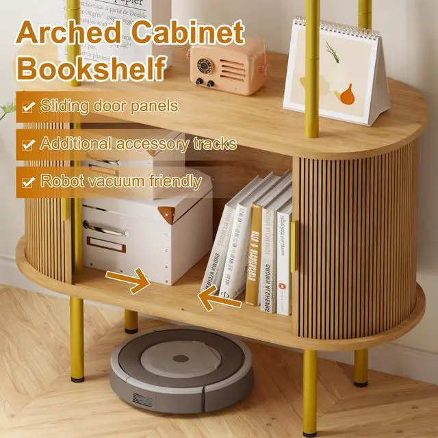Alt view image 3 of 6 - 71" Tall Arched Bookshelf with Sliding Tambour Doors, Mid Century Modern Curved Metal Frame Bookcase, 4-Tier Storage Display Shelf for Living Room/Bedroom/Home Office (Natural)
