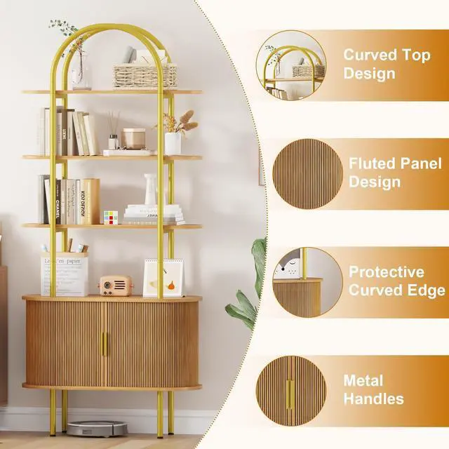Alt view image 5 of 6 - 71" Tall Arched Bookshelf with Sliding Tambour Doors, Mid Century Modern Curved Metal Frame Bookcase, 4-Tier Storage Display Shelf for Living Room/Bedroom/Home Office (Natural)