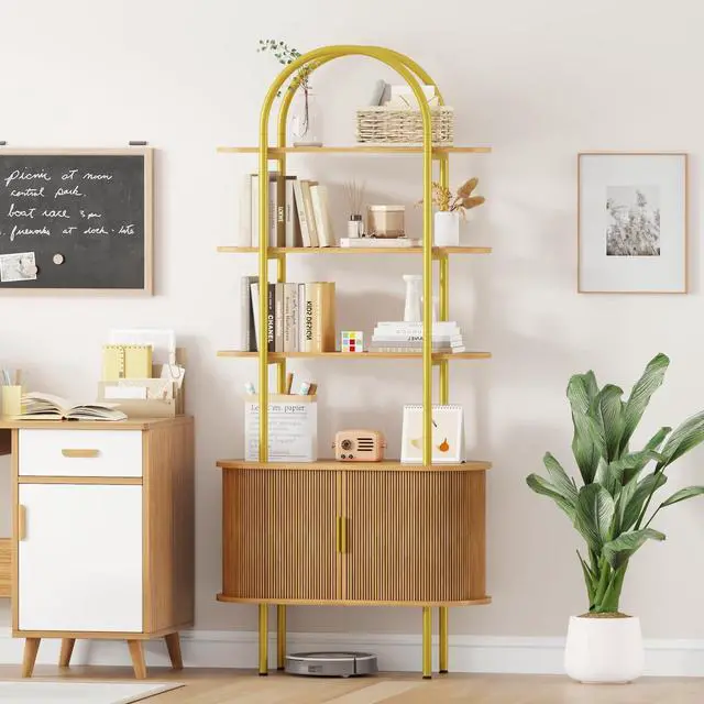 Alt view image 6 of 6 - 71" Tall Arched Bookshelf with Sliding Tambour Doors, Mid Century Modern Curved Metal Frame Bookcase, 4-Tier Storage Display Shelf for Living Room/Bedroom/Home Office (Natural)