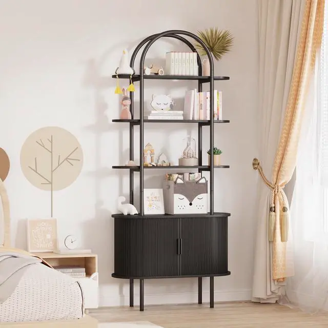 Main image of 71" Tall Arched Bookshelf with Sliding Tambour Doors, Mid Century Modern Curved Metal Frame Bookcase, 4-Tier Storage Display Shelving for Living Room, Bedroom, Home Office (Black)