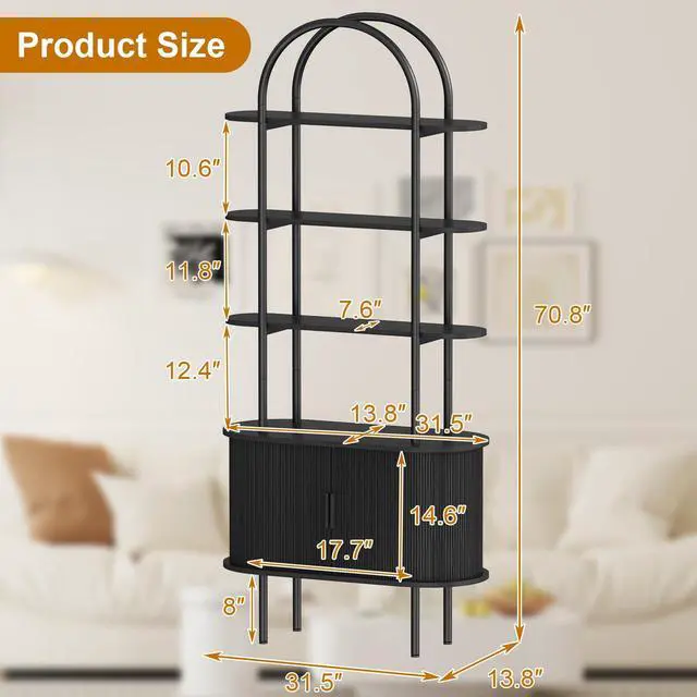 Alt view image 2 of 6 - 71" Tall Arched Bookshelf with Sliding Tambour Doors, Mid Century Modern Curved Metal Frame Bookcase, 4-Tier Storage Display Shelving for Living Room, Bedroom, Home Office (Black)