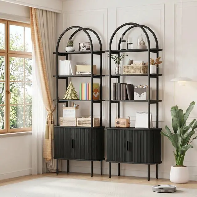 Alt view image 3 of 6 - 71" Tall Arched Bookshelf with Sliding Tambour Doors, Mid Century Modern Curved Metal Frame Bookcase, 4-Tier Storage Display Shelving for Living Room, Bedroom, Home Office (Black)