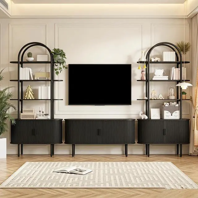 Alt view image 4 of 6 - 71" Tall Arched Bookshelf with Sliding Tambour Doors, Mid Century Modern Curved Metal Frame Bookcase, 4-Tier Storage Display Shelving for Living Room, Bedroom, Home Office (Black)