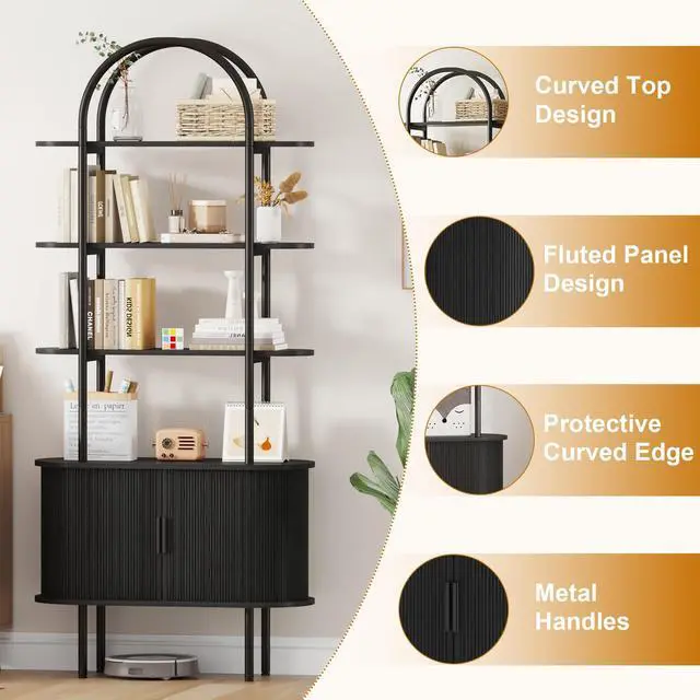 Alt view image 5 of 6 - 71" Tall Arched Bookshelf with Sliding Tambour Doors, Mid Century Modern Curved Metal Frame Bookcase, 4-Tier Storage Display Shelving for Living Room, Bedroom, Home Office (Black)