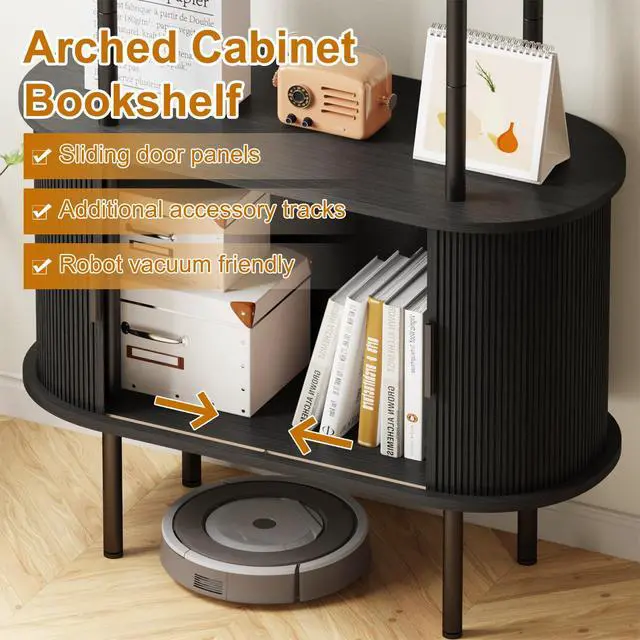 Alt view image 6 of 6 - 71" Tall Arched Bookshelf with Sliding Tambour Doors, Mid Century Modern Curved Metal Frame Bookcase, 4-Tier Storage Display Shelving for Living Room, Bedroom, Home Office (Black)