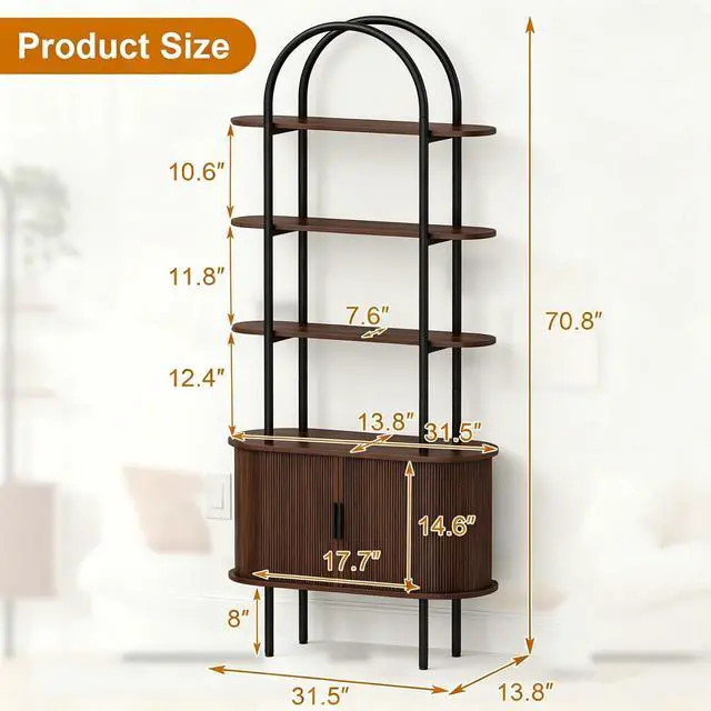 Alt view image 2 of 6 - 71" Tall Arched Bookshelf with Sliding Tambour Doors, Mid Century Modern Curved Metal Frame Bookcase, 4-Tier Storage Display Shelf for Living Room/Bedroom/Home Office (Walnut)