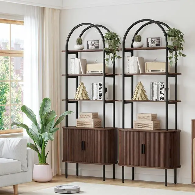 Alt view image 3 of 6 - 71" Tall Arched Bookshelf with Sliding Tambour Doors, Mid Century Modern Curved Metal Frame Bookcase, 4-Tier Storage Display Shelf for Living Room/Bedroom/Home Office (Walnut)