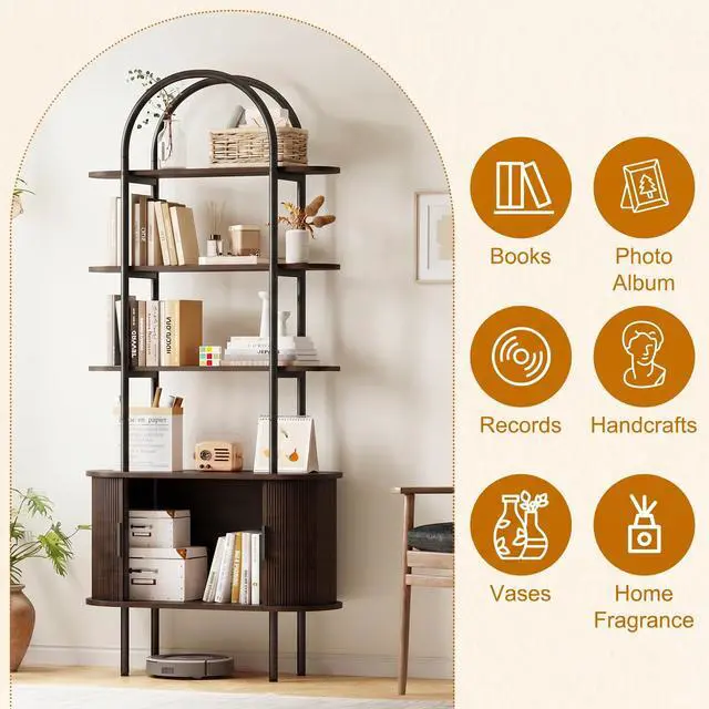 Alt view image 4 of 6 - 71" Tall Arched Bookshelf with Sliding Tambour Doors, Mid Century Modern Curved Metal Frame Bookcase, 4-Tier Storage Display Shelf for Living Room/Bedroom/Home Office (Walnut)