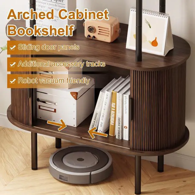 Alt view image 5 of 6 - 71" Tall Arched Bookshelf with Sliding Tambour Doors, Mid Century Modern Curved Metal Frame Bookcase, 4-Tier Storage Display Shelf for Living Room/Bedroom/Home Office (Walnut)