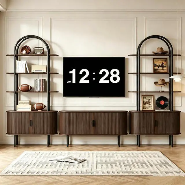 Alt view image 6 of 6 - 71" Tall Arched Bookshelf with Sliding Tambour Doors, Mid Century Modern Curved Metal Frame Bookcase, 4-Tier Storage Display Shelf for Living Room/Bedroom/Home Office (Walnut)