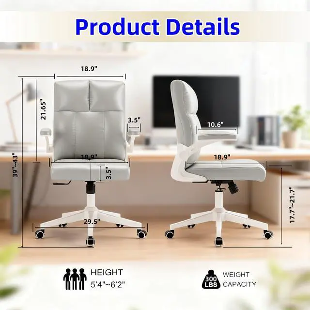 Alt view image 2 of 6 - Leather Office Chair Computer Desk Chair, 360° Swivel Rolling Wheels, Adjustable Tilt Angle 90°-135° with Lumbar Support Executive Chair for Home Office with 350 LBS Capacity(Gray)
