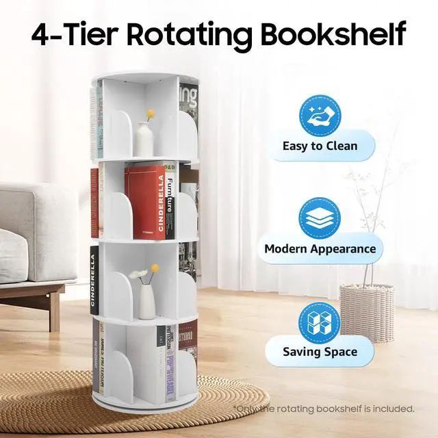 Alt view image 2 of 6 - Rotating Bookshelf Tower, 360 Display 4-Tier Floor Standing Bookcase Storage Rack for Kids & Adult, Wood Narrow Revolving Bookcase Book Shelf Organizer for Bedroom, Living Room (4 Tier)