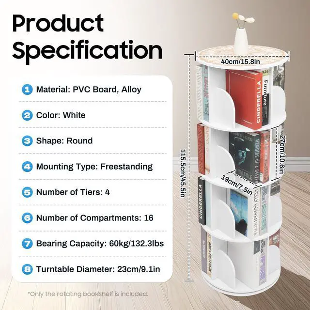 Alt view image 4 of 6 - Rotating Bookshelf Tower, 360 Display 4-Tier Floor Standing Bookcase Storage Rack for Kids & Adult, Wood Narrow Revolving Bookcase Book Shelf Organizer for Bedroom, Living Room (4 Tier)