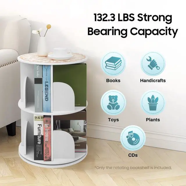 Alt view image 2 of 6 - Rotating Bookshelf Tower, 360 Display 2-Tier Floor Standing Bookcase Storage Rack for Kids & Adult, Wood Narrow Revolving Bookcase Book Shelf Organizer for Bedroom, Living Room (2 Tier)