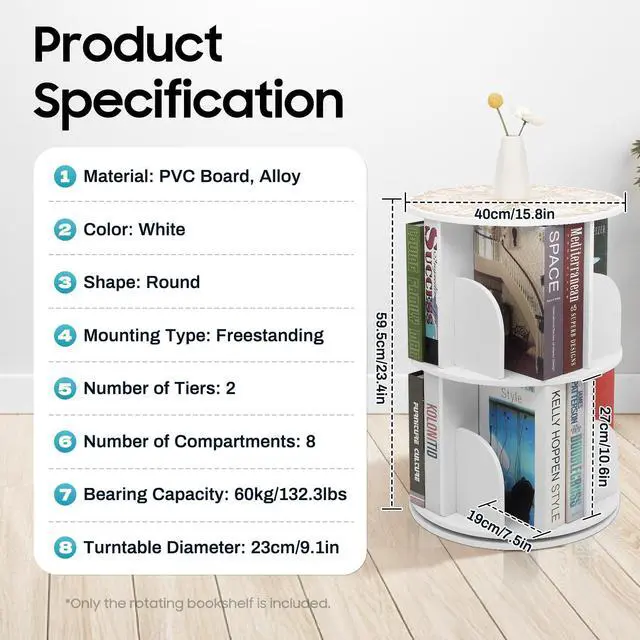 Alt view image 3 of 6 - Rotating Bookshelf Tower, 360 Display 2-Tier Floor Standing Bookcase Storage Rack for Kids & Adult, Wood Narrow Revolving Bookcase Book Shelf Organizer for Bedroom, Living Room (2 Tier)
