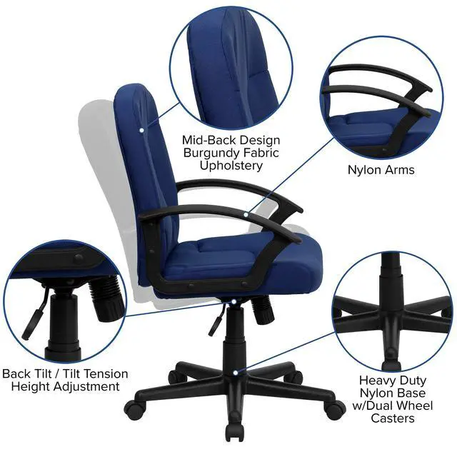 Alt view image 4 of 6 - Mid-Back Navy Fabric Executive Swivel Office Chair with Nylon Arms