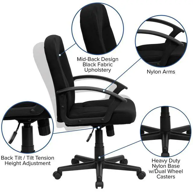 Alt view image 4 of 6 - Mid-Back Black Fabric Executive Swivel Office Chair with Nylon Arms